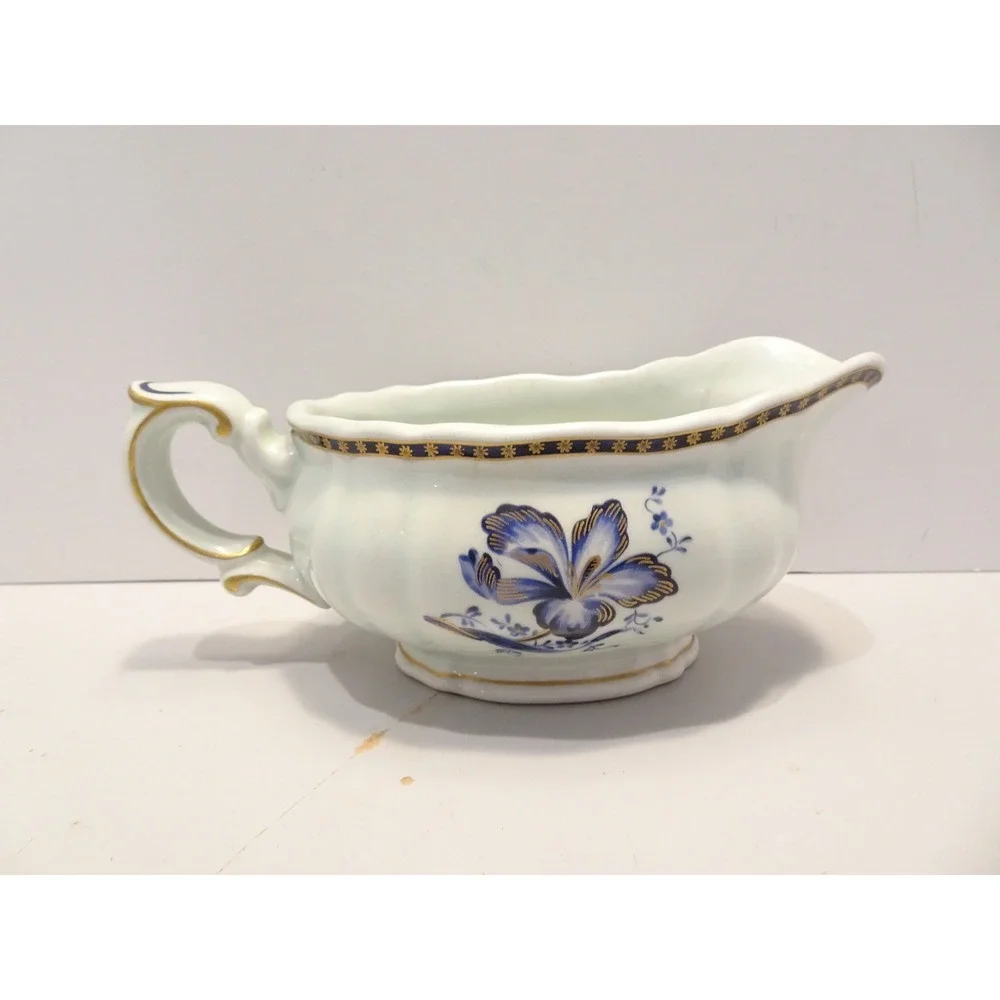 Rorstrand Sweden Gravy Boat Blue Floral Iris Gold Gilt Scalloped Porcelain